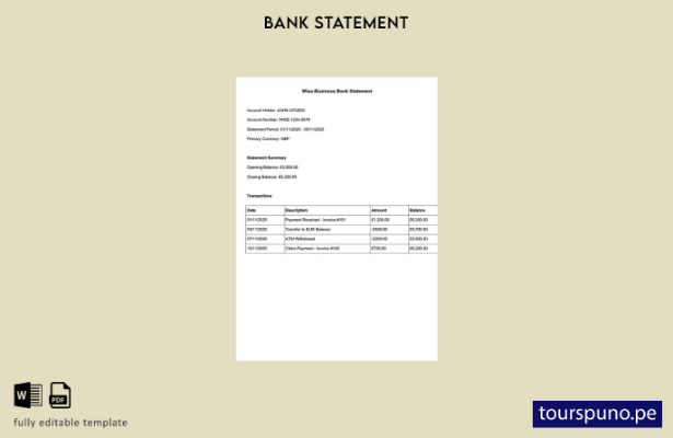 listo para imprimir plantilla de Word   extracto bancario de Wise del Reino Unid